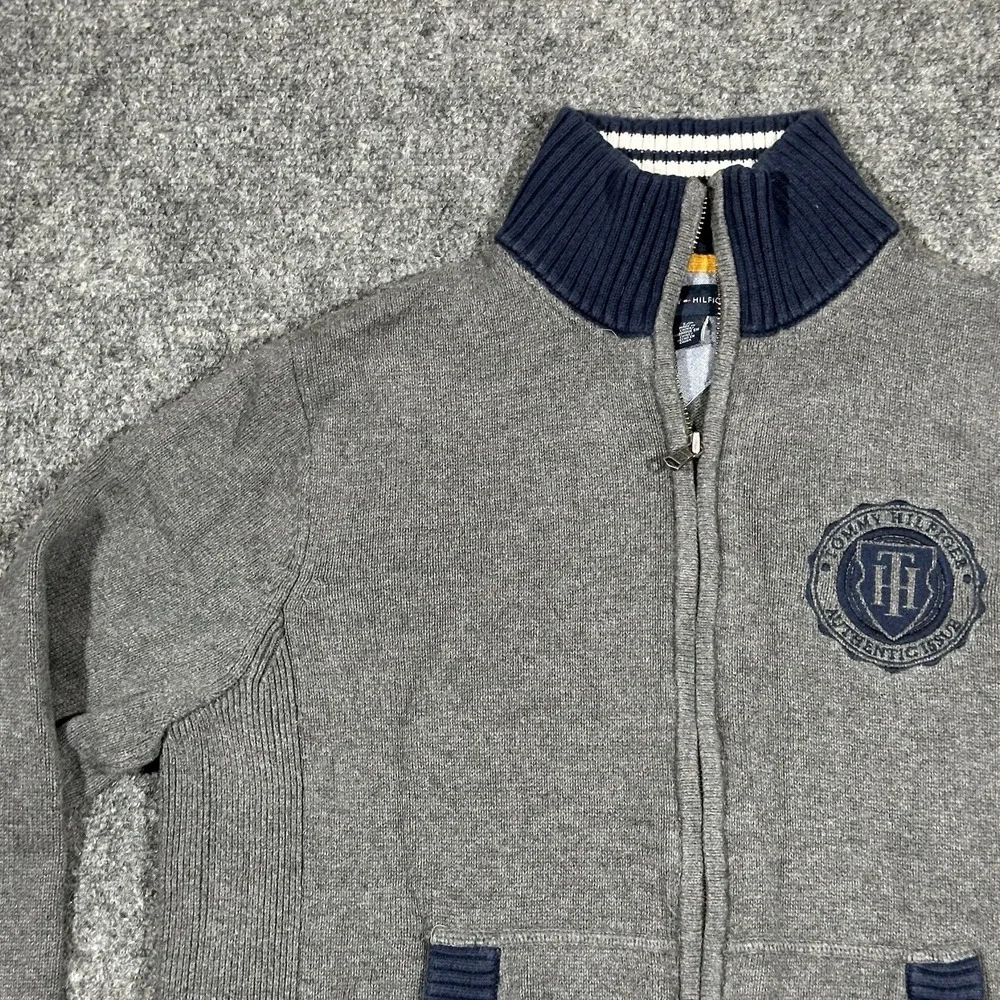 Tommy Hilfiger Mens Gray Navy Blue Full Zip Mock Neck Cotton‎ Knit Sweater Small